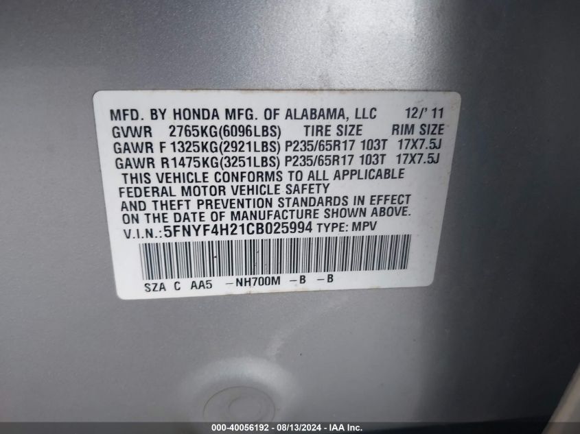 2012 Honda Pilot Lx VIN: 5FNYF4H21CB025994 Lot: 40056192