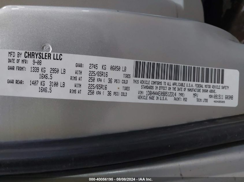 2009 Dodge Grand Caravan Se VIN: 1D8HN44E09B512314 Lot: 40056195