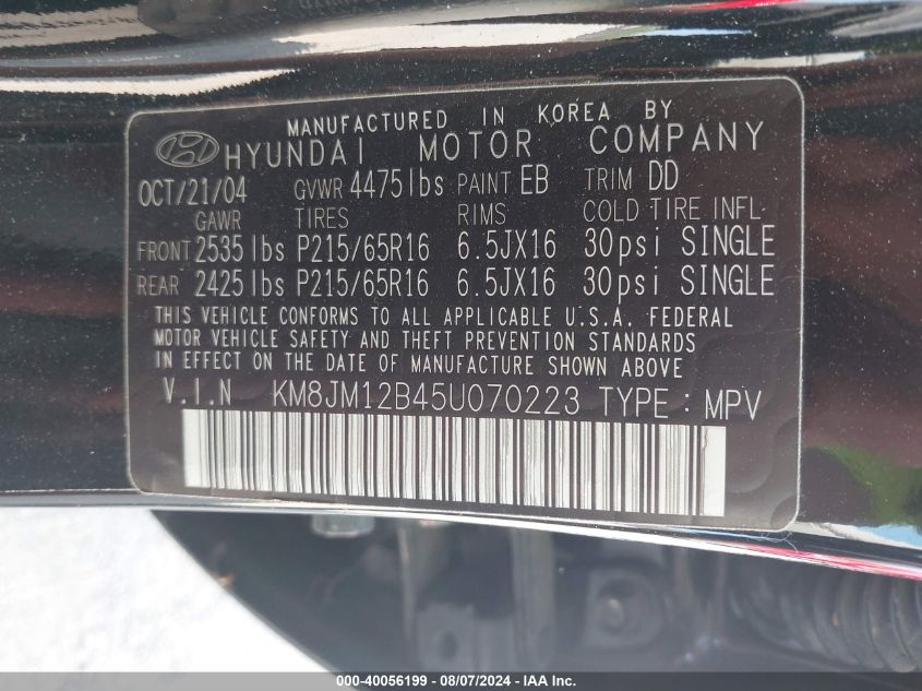 2005 Hyundai Tucson Gl VIN: KM8JM12B45U070223 Lot: 40056199