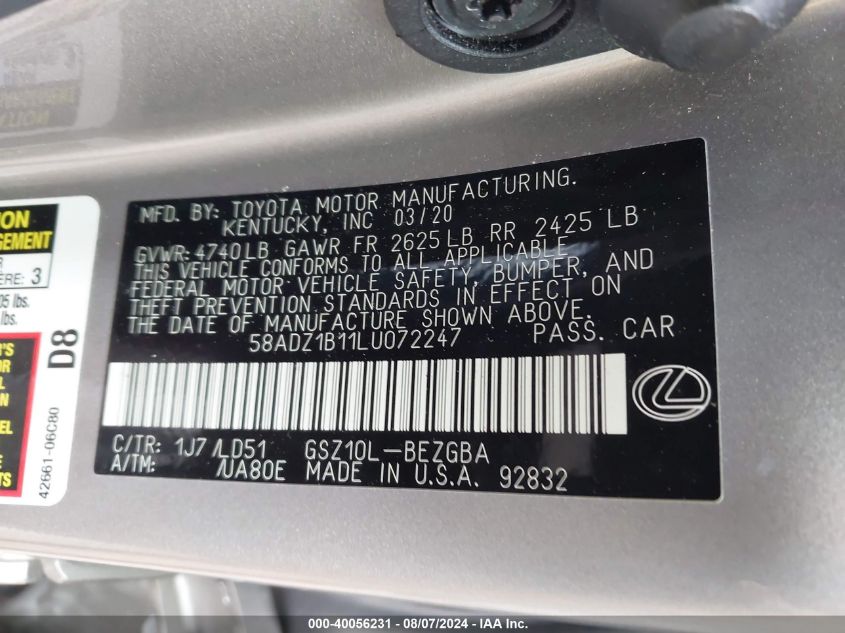 58ADZ1B11LU072247 2020 Lexus Es 350