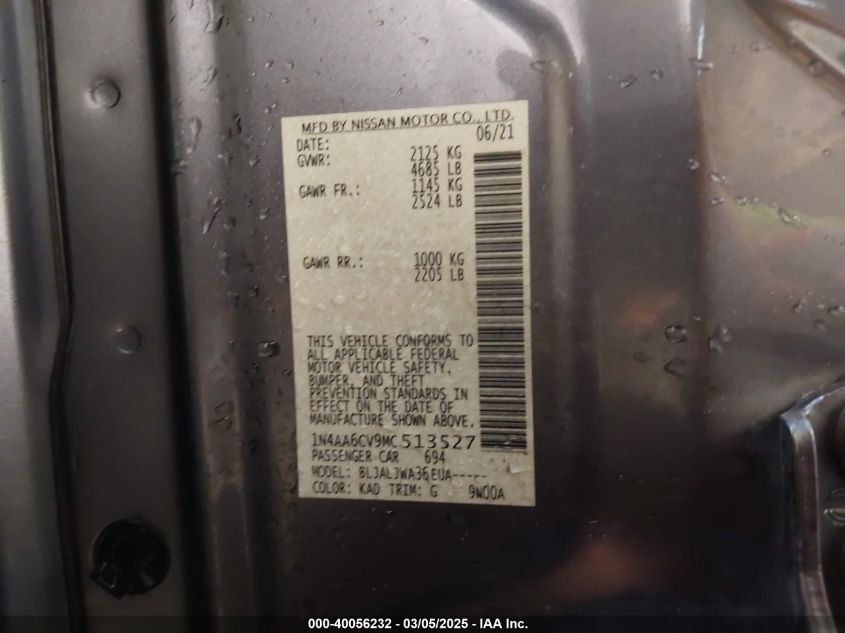 2021 Nissan Maxima Sv Xtronic Cvt VIN: 1N4AA6CV9MC513527 Lot: 40056232