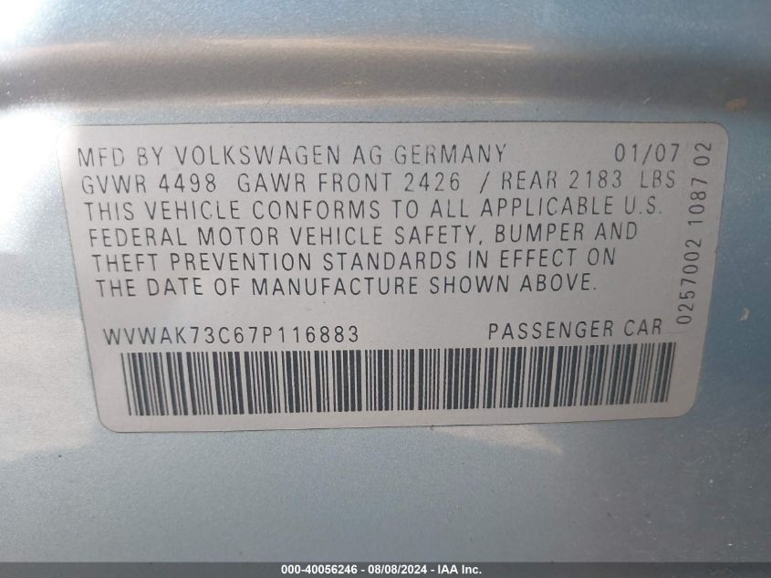2007 Volkswagen Passat 2.0T/Wolfsburg Edition VIN: WVWAK73C67P116883 Lot: 40056246
