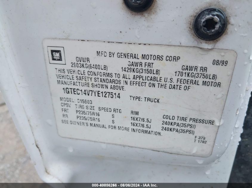 2000 GMC Sierra 1500 Sl VIN: 1GTEC14V7YE127514 Lot: 40056266