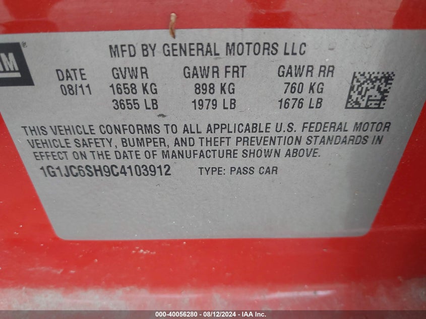 2012 Chevrolet Sonic 2Lt VIN: 1G1JC6SH9C4103912 Lot: 40056280