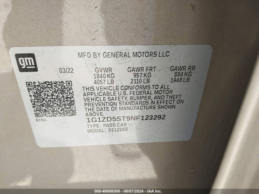 2022 CHEVROLET MALIBU FWD LT - 1G1ZD5ST9NF123292