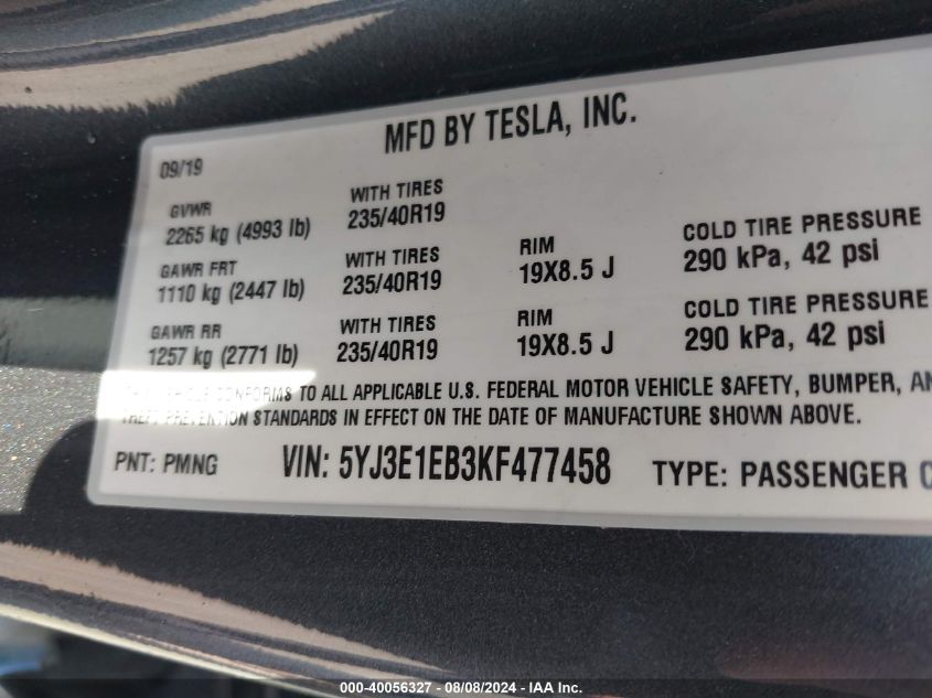 2019 Tesla Model 3 Long Range/Performance VIN: 5YJ3E1EB3KF477458 Lot: 40056327