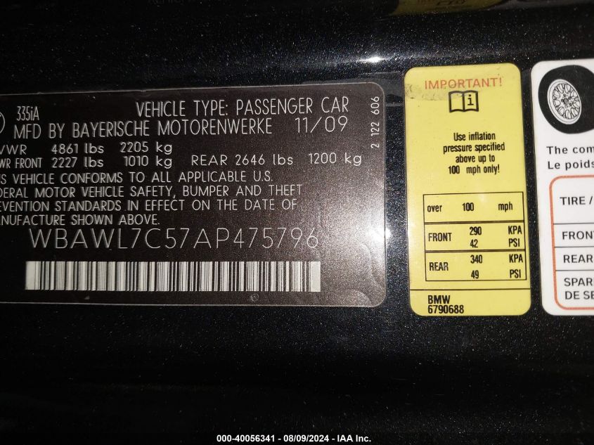 2010 BMW 335I VIN: WBAWL7C57AP475796 Lot: 40056341