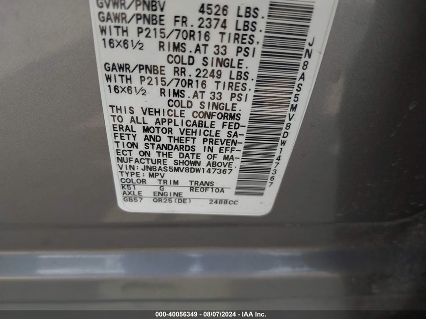 2013 Nissan Rogue S VIN: JN8AS5MV8DW147367 Lot: 40056349