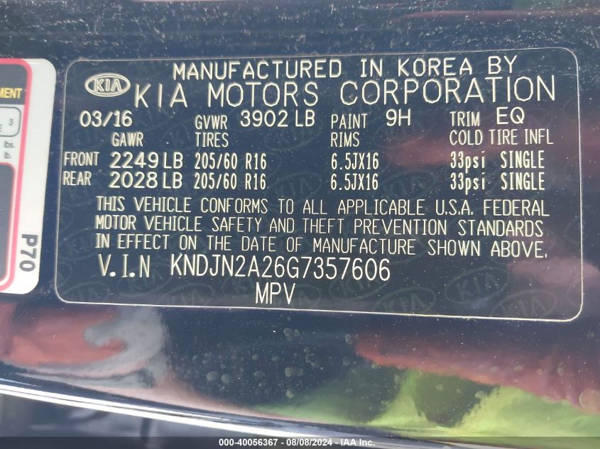 VIN KNDJN2A26G7357606 2016 KIA SOUL no.9