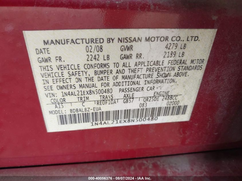 1N4AL21EX8N500480 | 2008 NISSAN ALTIMA