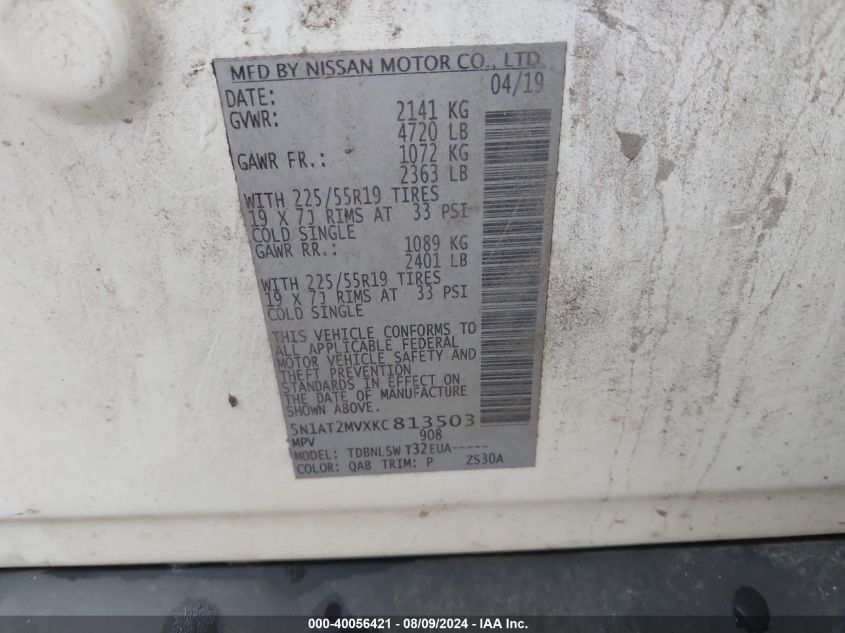 2019 Nissan Rogue Sl VIN: 5N1AT2MVXKC813503 Lot: 40056421