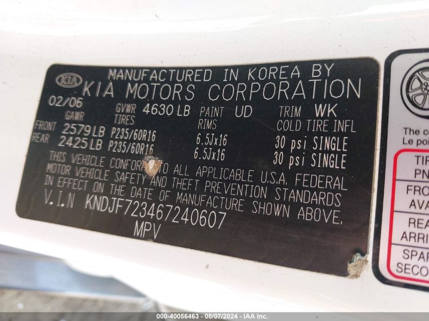2006 Kia Sportage Ex V6/Lx V6 VIN: KNDJF723467240607 Lot: 40056463