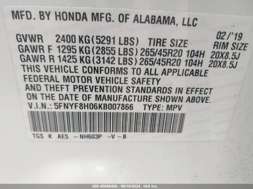 2019 Honda Passport Elite VIN: 5FNYF8H06KB007866 Lot: 40056488