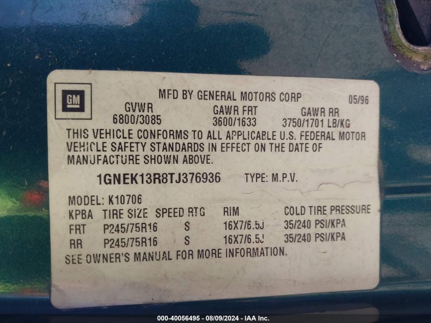 1GNEK13R8TJ393676 1996 Chevrolet Tahoe K1500