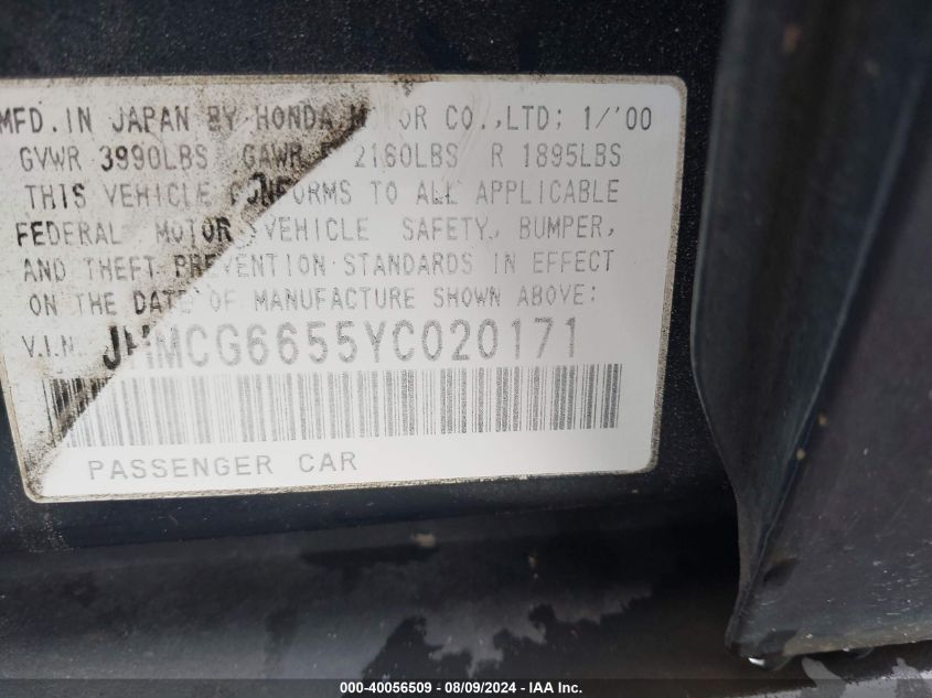 2000 Honda Accord Lx VIN: JHMCG6655YC020171 Lot: 40056509