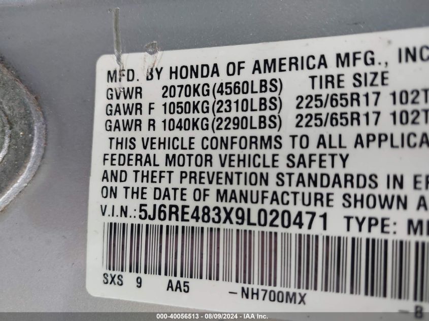 2009 Honda Cr-V Lx VIN: 5J6RE483X9L020471 Lot: 40056513