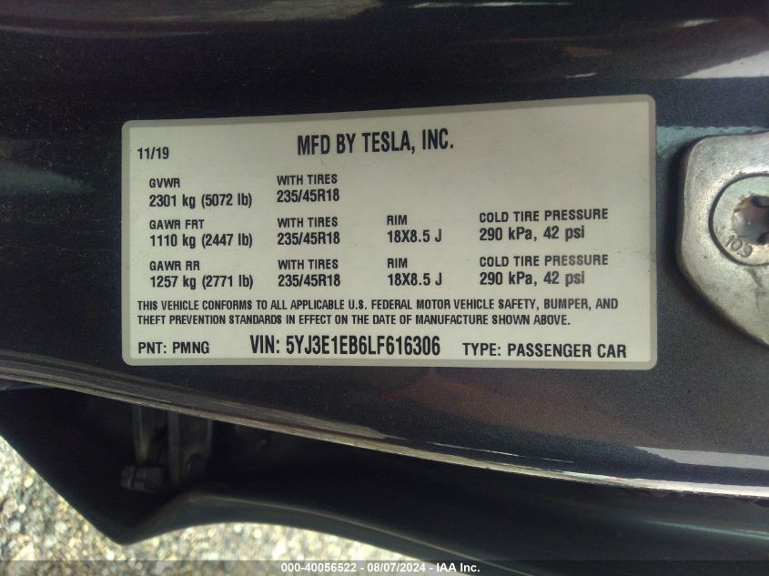 2020 Tesla Model 3 Long Range Dual Motor All-Wheel Drive VIN: 5YJ3E1EB6LF616306 Lot: 40056522