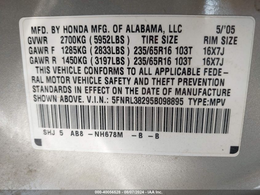 2005 Honda Odyssey Lx VIN: 5FNRL38295B098895 Lot: 40056528
