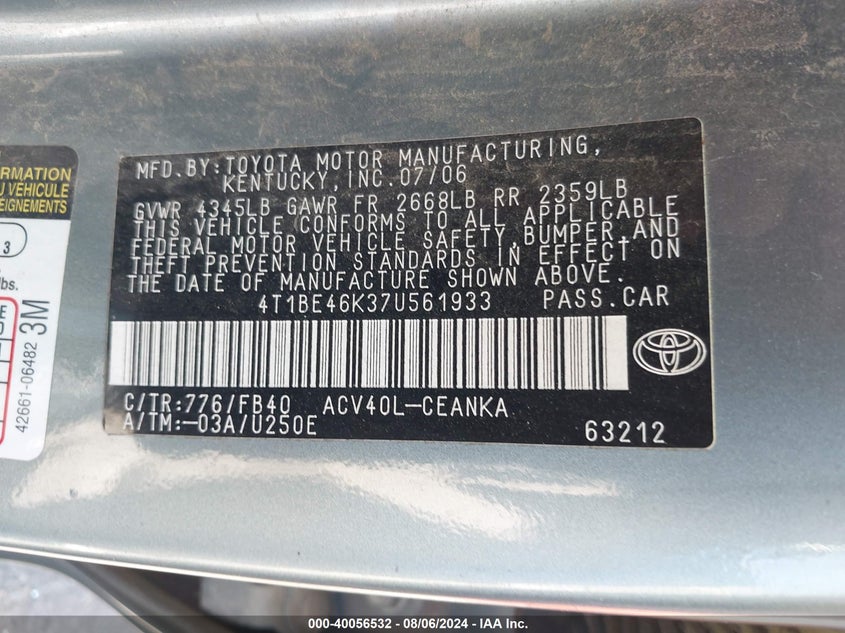 2007 Toyota Camry Le VIN: 4T1BE46K37U561933 Lot: 40056532