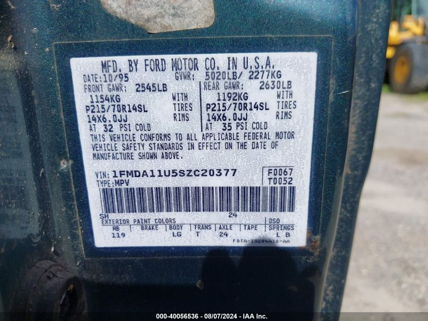 1995 Ford Aerostar VIN: 1FMDA11U5SZC20377 Lot: 40056536
