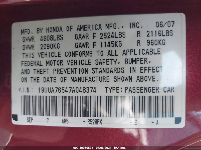 2007 Acura Tl Type S VIN: 19UUA76547A048374 Lot: 40056538