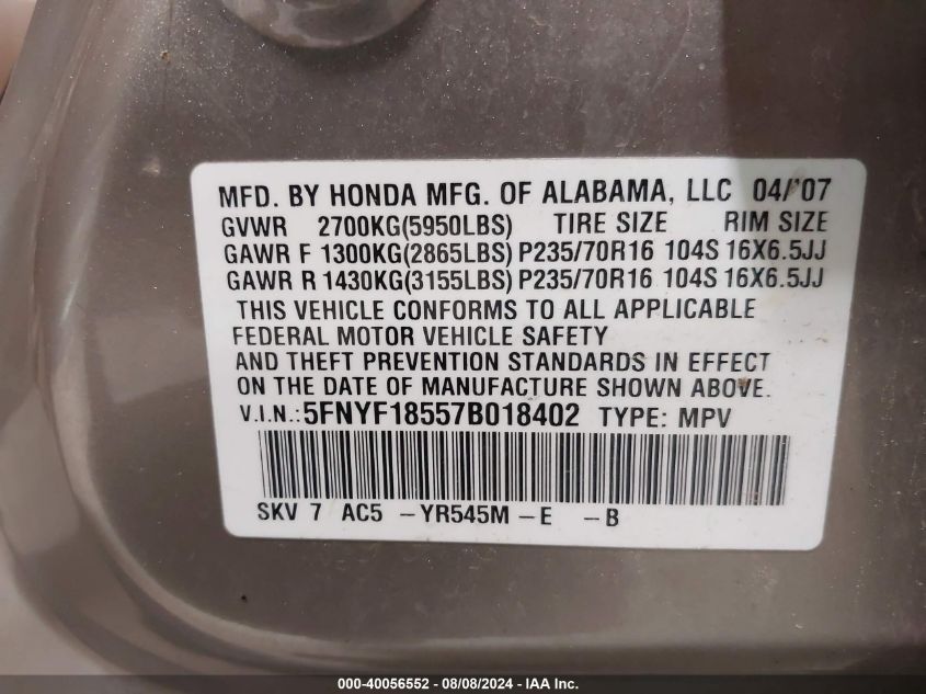2007 Honda Pilot Ex-L VIN: 5FNYF18557B018402 Lot: 40056552