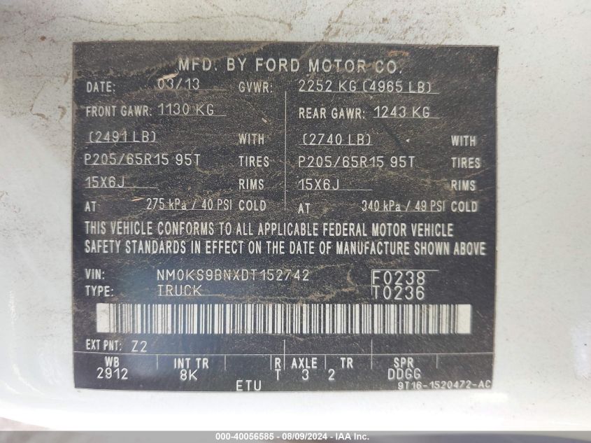 2013 Ford Transit Connect Xlt VIN: NM0KS9BNXDT152742 Lot: 40056585