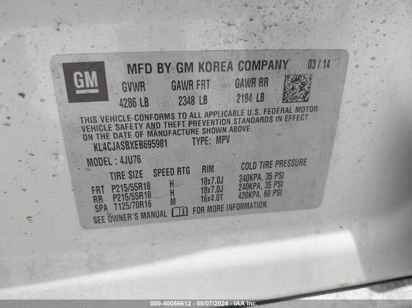 2014 Buick Encore VIN: KL4CJASBXEB695981 Lot: 40056612