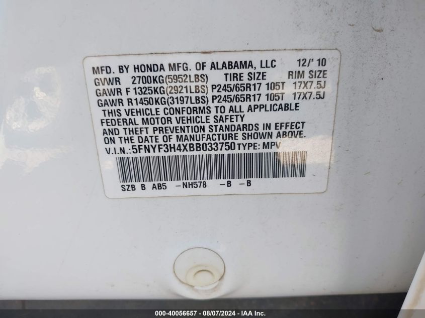 2011 Honda Pilot Ex VIN: 5FNYF3H4XBB033750 Lot: 40056657