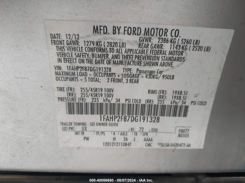 2013 Ford Taurus Limited VIN: 1FAHP2F87DG191328 Lot: 40056680