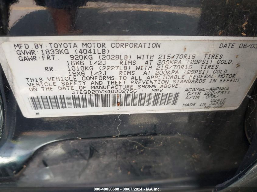 2004 Toyota Rav4 VIN: JTEGD20V340002756 Lot: 40056688