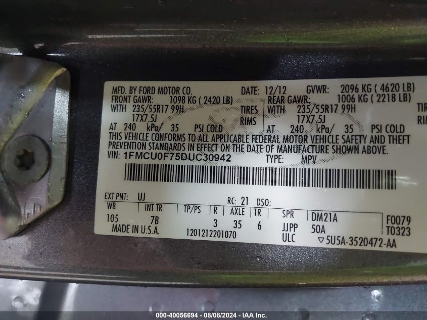 2013 Ford Escape S VIN: 1FMCU0F75DUC30942 Lot: 40056694