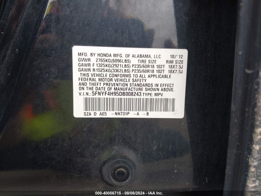 2013 Honda Pilot Touring VIN: 5FNYF4H95DB008243 Lot: 40056715