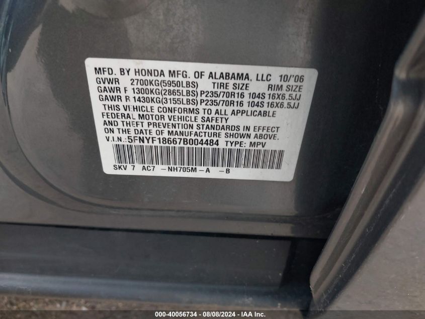 2007 Honda Pilot Ex-L VIN: 5FNYF18667B004484 Lot: 40056734