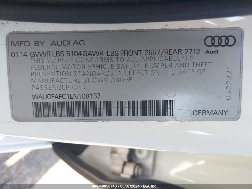 2014 Audi A6 2.0T Premium VIN: WAUGFAFC1EN108137 Lot: 40056743