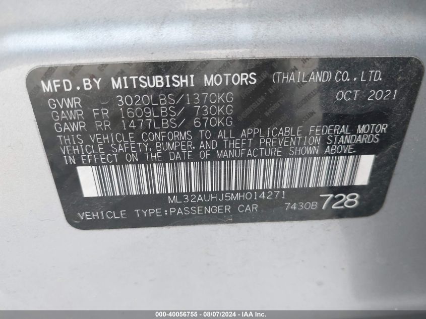 2021 Mitsubishi Mirage Es/Le/Carbonite Edition VIN: ML32AUHJ5MH014271 Lot: 40056755