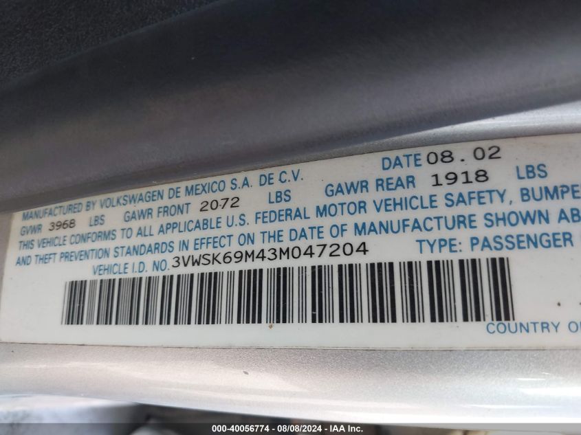 2003 Volkswagen Jetta Gls 2.0L VIN: 3VWSK69M43M047204 Lot: 40056774