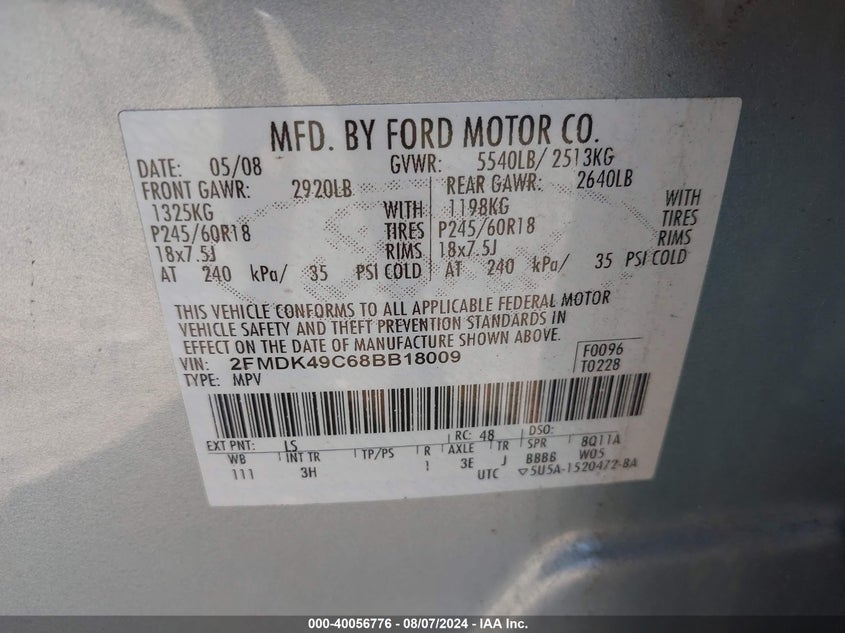 2008 Ford Edge Limited VIN: 2FMDK49C68BBJ8009 Lot: 40056776