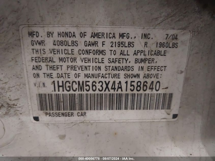 2004 Honda Accord 2.4 Lx VIN: 1HGCM563X4A158640 Lot: 40056778