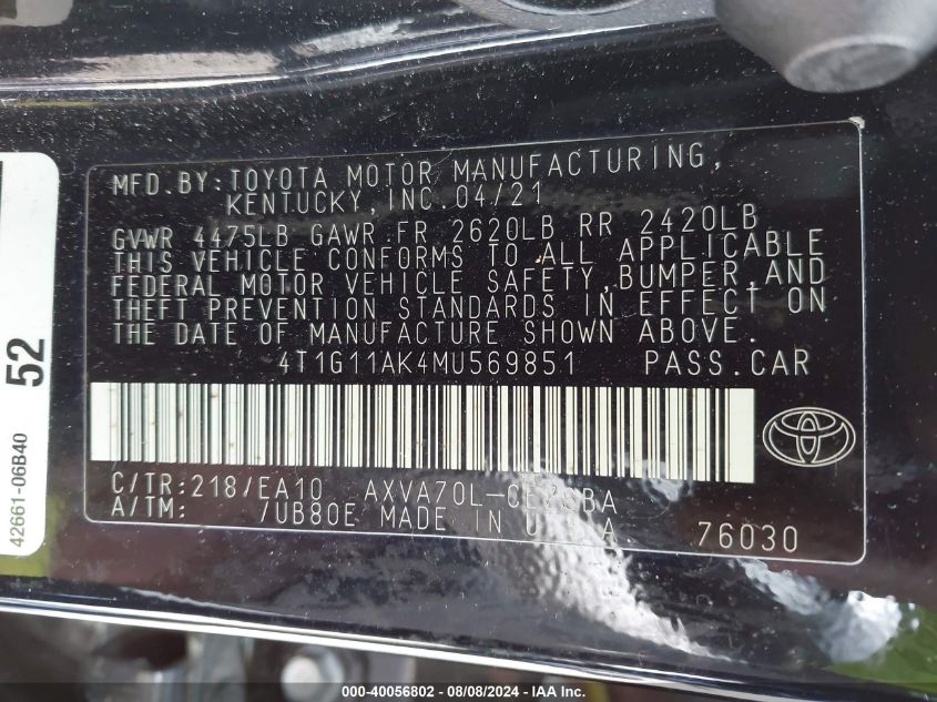 2021 Toyota Camry Se VIN: 4T1G11AK4MU569851 Lot: 40056802