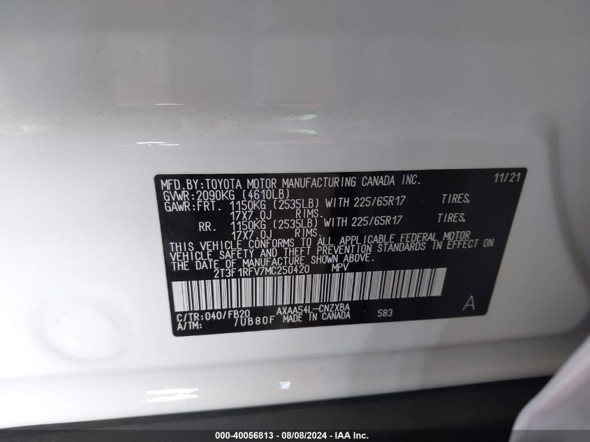 2021 TOYOTA RAV4 LE - 2T3F1RFV7MC250420