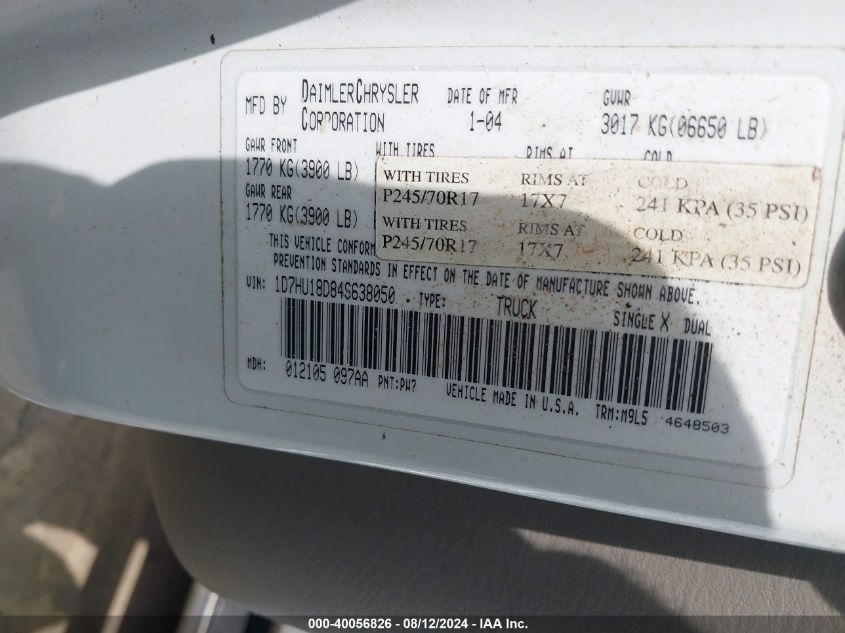 2004 Dodge Ram 1500 St/Slt VIN: 1D7HU18D84S638050 Lot: 40056826