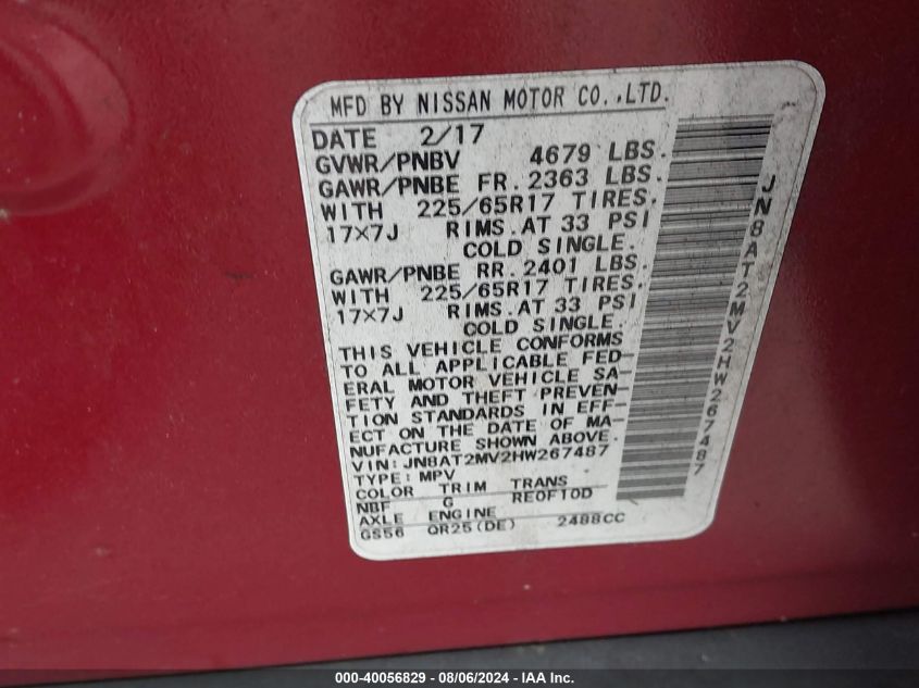 2017 Nissan Rogue S VIN: JN8AT2MV2HW267487 Lot: 40056829