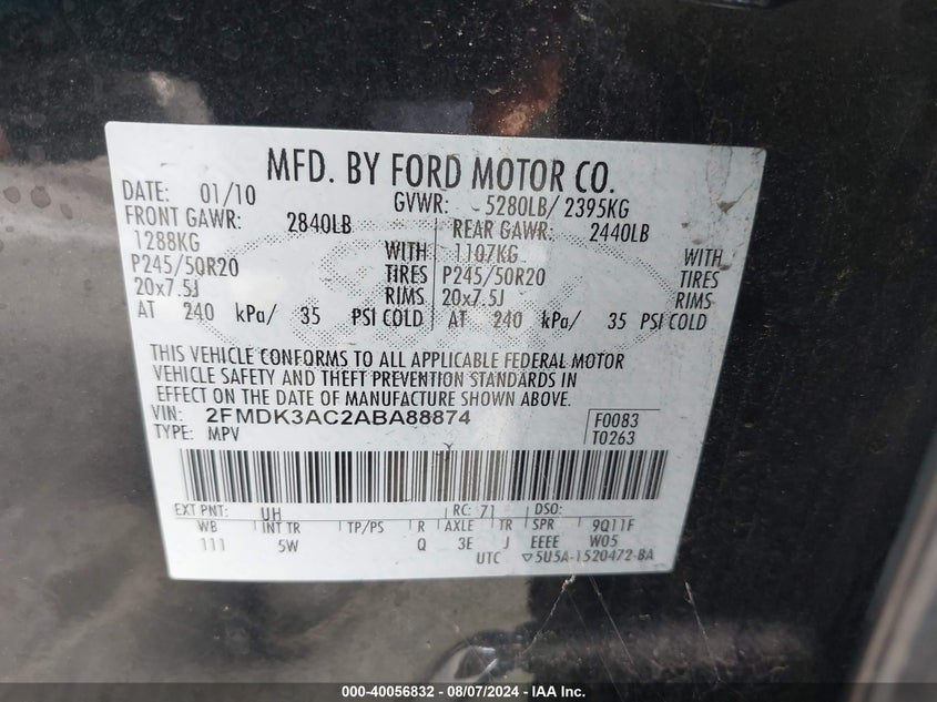 2010 Ford Edge Sport VIN: 2FMDK3AC2ABA88874 Lot: 40056832