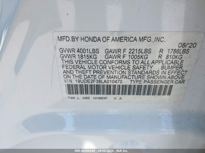 19UDE2F38LA010470 2020 Acura Ilx Standard