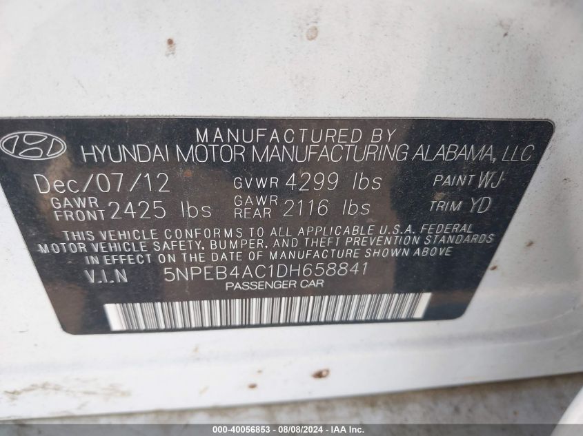 2013 Hyundai Sonata Gls VIN: 5NPEB4AC1DH658841 Lot: 40056853