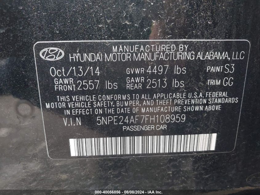 2015 Hyundai Sonata Se VIN: 5NPE24AF7FH108959 Lot: 40056856