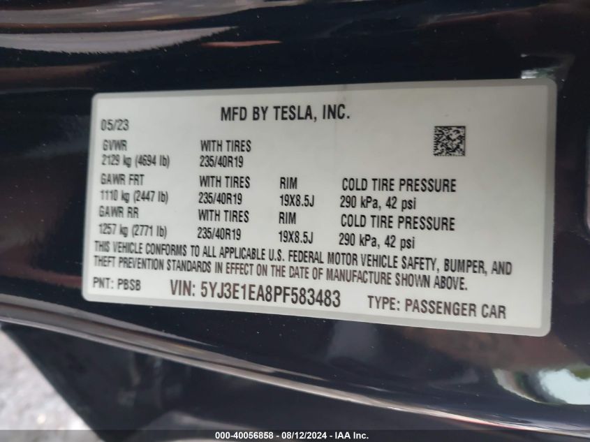 2023 Tesla Model 3 Rear-Wheel Drive VIN: 5YJ3E1EA8PF583483 Lot: 40056858