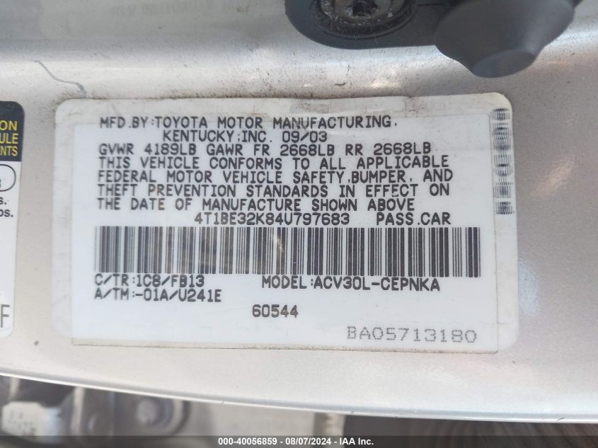 2004 Toyota Camry Le VIN: 4T1BE32K84U797683 Lot: 40056859