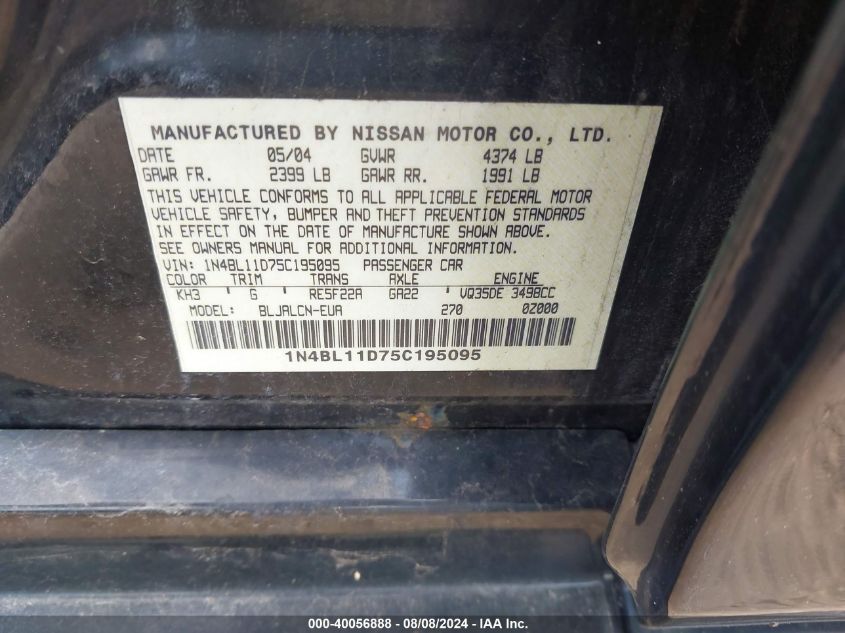 2005 Nissan Altima 3.5 Se VIN: 1N4BL11D75C195095 Lot: 40056888